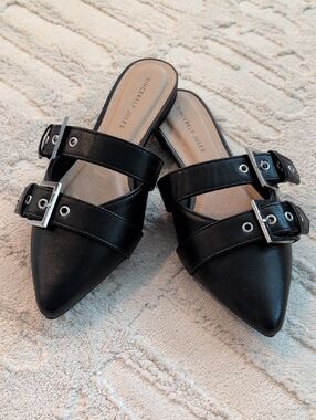 Sincerly Jules Black Pointed Buckle Mules with Double Straps
